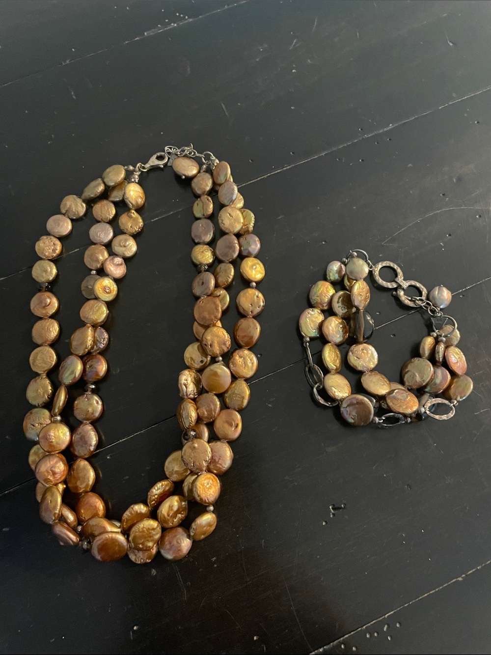 Silpada Iridescent Bronze Multi-Strand Pearl Necklace and Bracelet Set